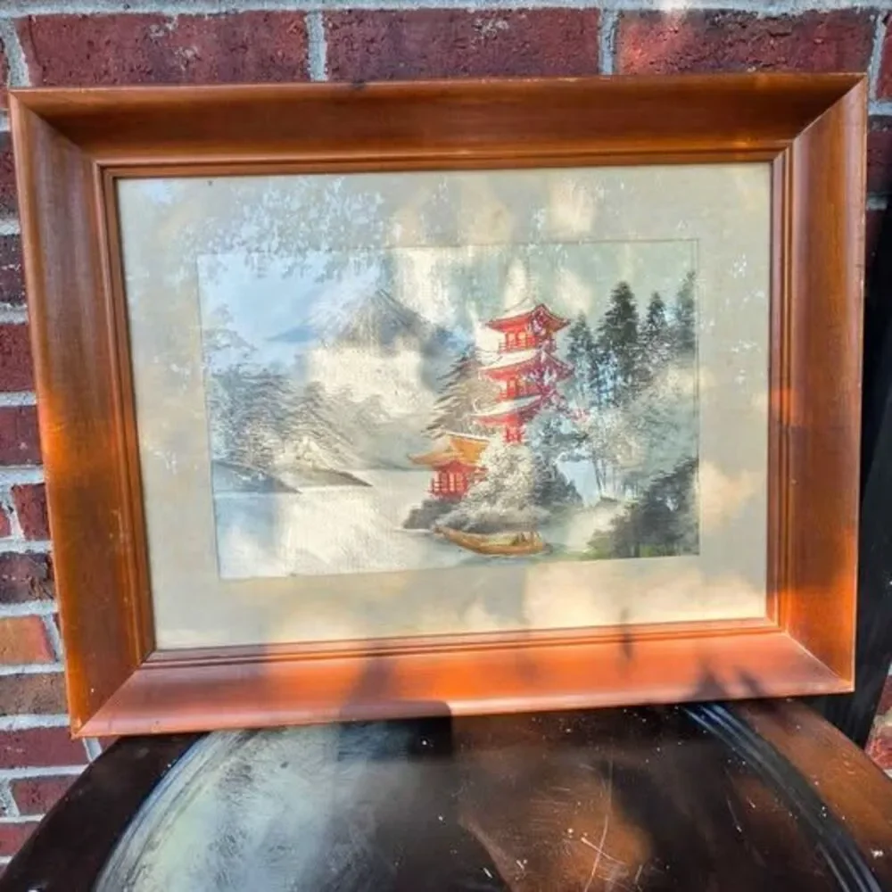 Vintage Asian Silk Embroidery Pagoda Landscape Framed Wall Art